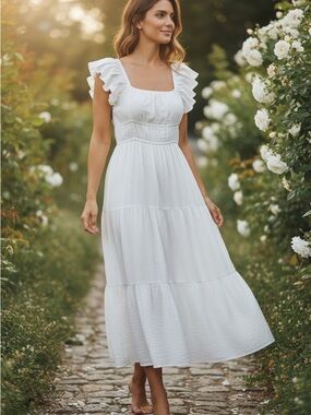 Etiquette Boutique White Smocked Tiered Midi "Milkmaid" Peasant Dress Size S